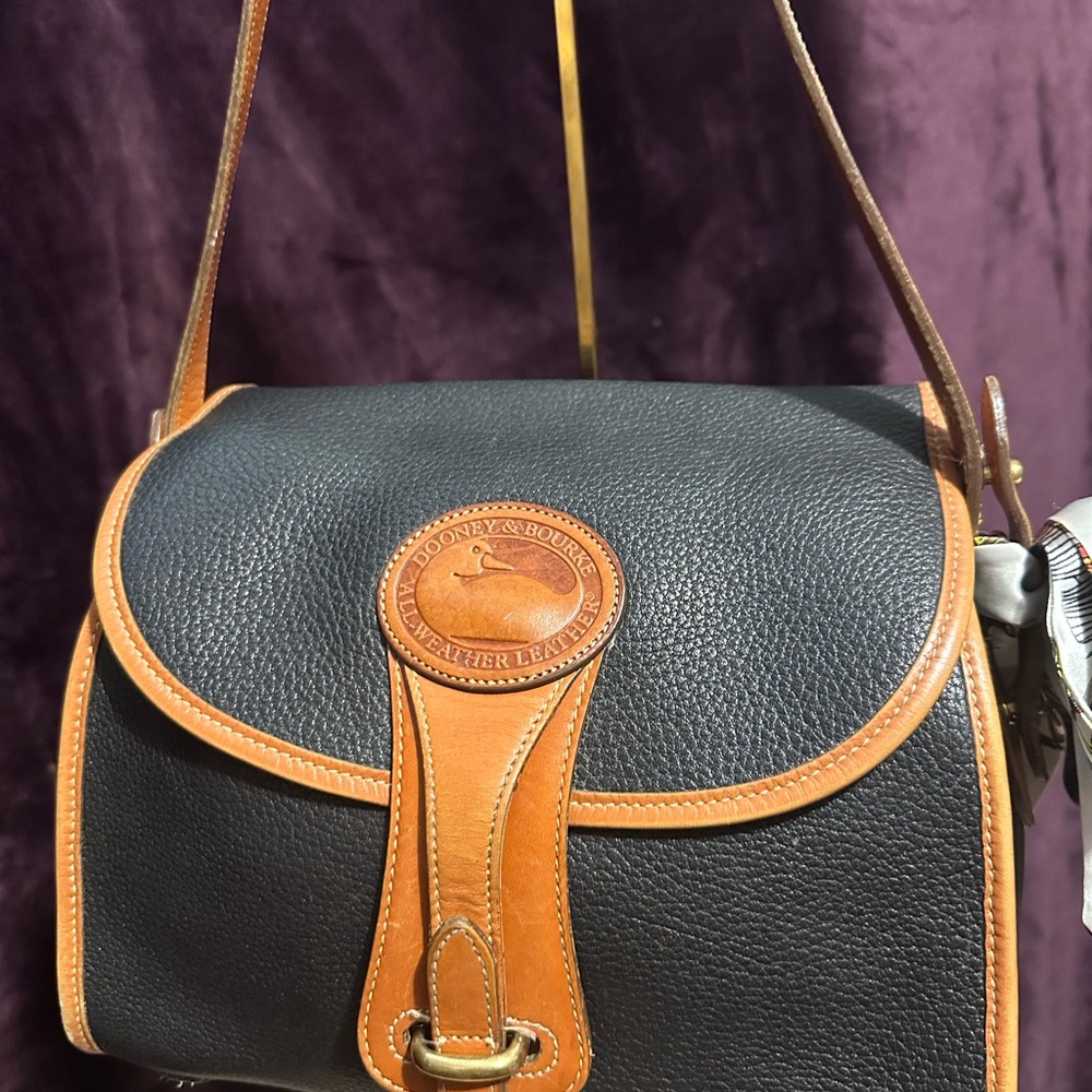 Vintage Dooney & Bourke All Weather Leather Black Tan Flap Crossbody Bag
